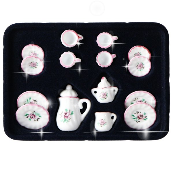 画像1: 【アウトレット】ミニチュア 1/12スケール 陶器 ティーセット 食器 カップ ソーサー 15点セット ドールハウス 小物 ピンク・バラ柄 きらきらぷんぷん丸 MN-005 (1)