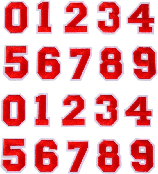 画像1: アイロンワッペン 数字 【レッド】 赤 0~9 各2枚入り 刺繍 アップリケ ナンバー 番号 おしゃれ 推し活 手芸 DIY きらきらぷんぷん丸 APK-003 (1)