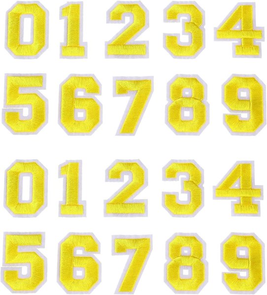 画像1: アイロンワッペン 数字 【イエロー】 黄色 0~9 各2枚入り 刺繍 アップリケ ナンバー 番号 おしゃれ 推し活 手芸 DIY きらきらぷんぷん丸 APK-004 (1)