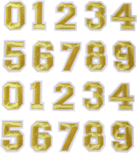 画像1: アイロンワッペン 数字 【ゴールド】 金 0~9 各2枚入り 刺繍 アップリケ ナンバー 番号 おしゃれ 推し活 手芸 DIY きらきらぷんぷん丸 APK-005 (1)