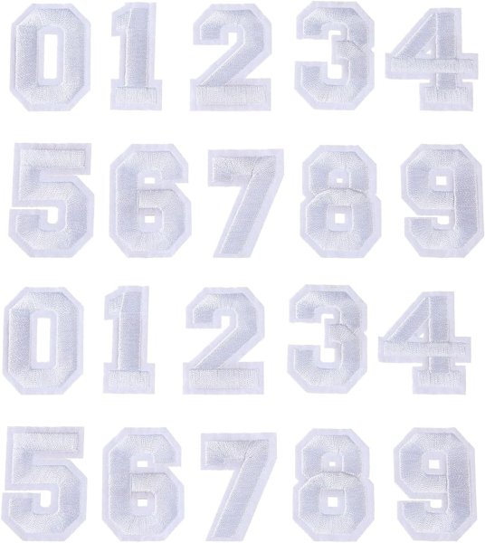 画像1: アイロンワッペン 数字 【ホワイト】 白 0~9 各2枚入り 刺繍 アップリケ ナンバー 番号 おしゃれ 推し活 手芸 DIY きらきらぷんぷん丸 APK-006 (1)