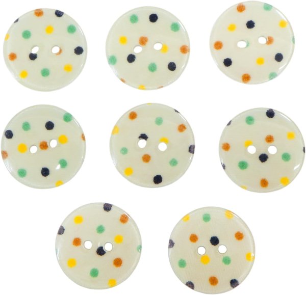 画像1: 二つ穴ボタン アイボリー カラフル 水玉模様 【20mm】 8個入り ツヤあり フラット ドット柄 白 樹脂製 おしゃれ 可愛い きらきらぷんぷん丸 B-1197 (1)