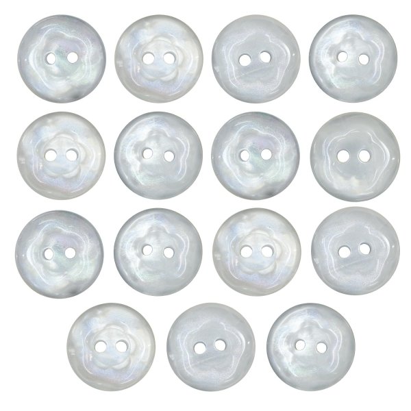 画像1: 二つ穴ボタン フラワー マーブル模様 【ホワイト】 白 15個入り 【11.5mm】 オーロラ 光沢 透け感 花 樹脂製 手芸 おしゃれ きらきらぷんぷん丸 B-1370 (1)