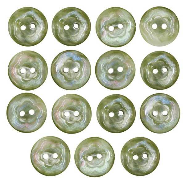 画像1: 二つ穴ボタン フラワー マーブル模様 【グリーン】 緑 15個入り 【11.5mm】 オーロラ 光沢 透け感 花 樹脂製 手芸 おしゃれ きらきらぷんぷん丸 B-1373 (1)