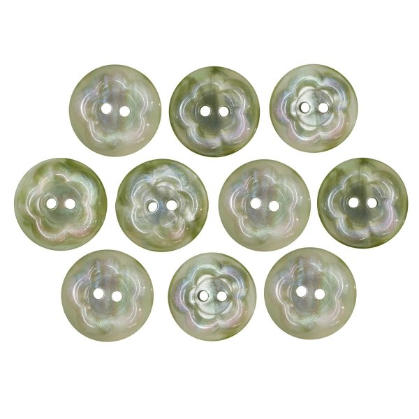 画像1: 二つ穴ボタン フラワー マーブル模様 【グリーン】 緑 10個入り 【15mm】 オーロラ 光沢 透け感 花 樹脂製 手芸 おしゃれ きらきらぷんぷん丸 B-1374 (1)