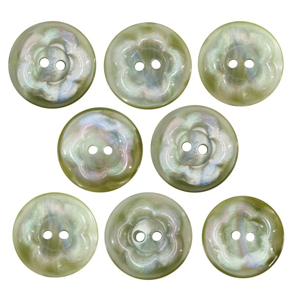 画像1: 二つ穴ボタン フラワー マーブル模様【グリーン】 緑 8個入り 【20mm】 オーロラ 光沢 透け感 花 樹脂製 手芸 おしゃれ きらきらぷんぷん丸 B-1375 (1)