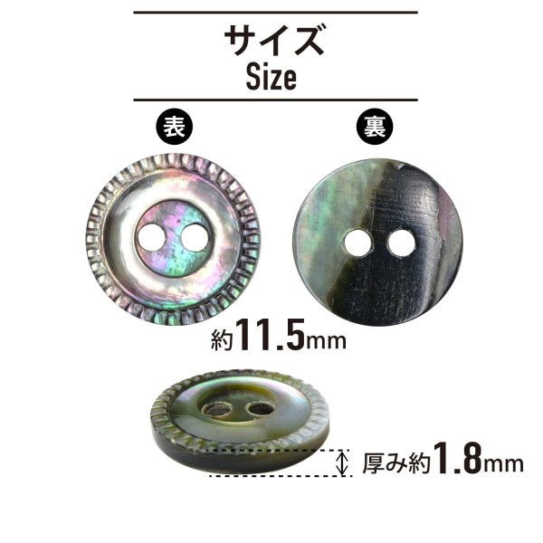 画像2: シェルボタン 黒蝶貝 縁模様入り 二つ穴 【11.5mm】 15個入り 手芸 ハンドメイド きらきらぷんぷん丸 B-1495 (2)