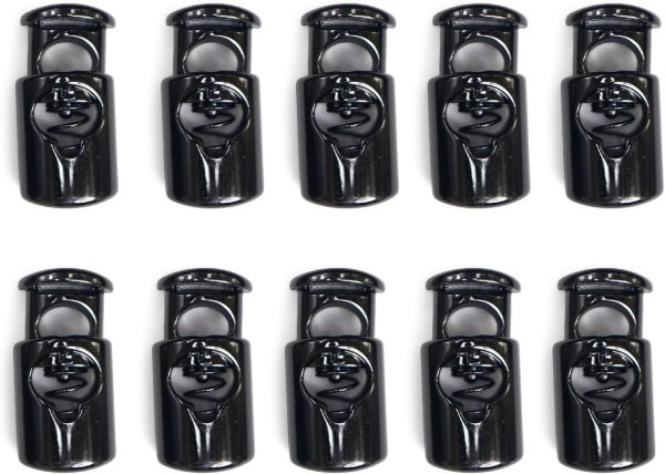 画像1: コードストッパー 紐止め 樽型 金属製 1つ穴 穴経5mm【ブラック 鏡面仕上げ】10個入 スプリング メタル 靴紐 留め具 金具 パーツ きらきらぷんぷん丸 BK-033 (1)