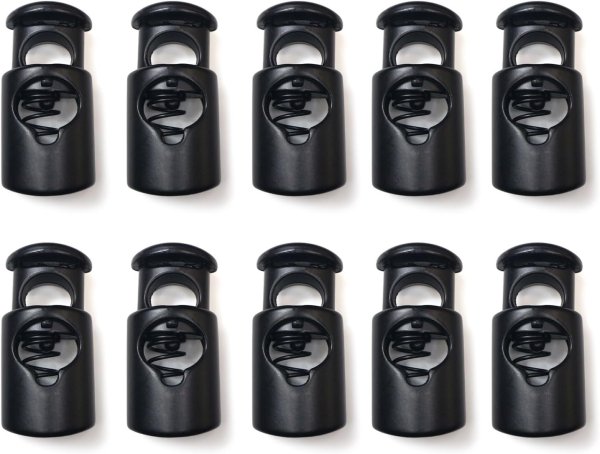 画像1: コードストッパー 紐止め 樽型 金属製 1つ穴 穴経5mm【マットブラック】10個入 スプリング メタル 靴紐 留め具 金具 パーツ きらきらぷんぷん丸 BK-034 (1)