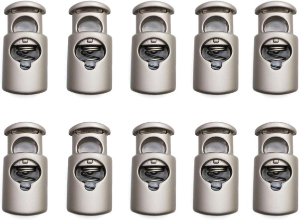 画像1: コードストッパー 紐止め 樽型 金属製 1つ穴 穴経5mm【マットシルバー】10個入 スプリング メタル 靴紐 留め具 金具 パーツ きらきらぷんぷん丸 BK-036 (1)