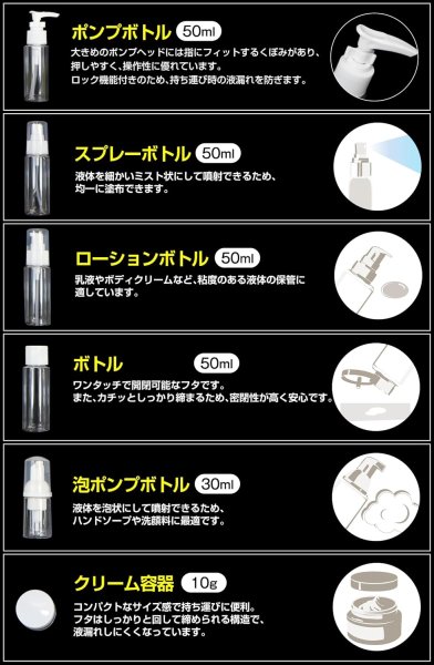 画像3: トラベルボトル 8本セット 小物3個付き 【ブラック】 黒 シャンプーボトル 旅行 詰め替え ボトル 化粧品 小分け 持ち運び 携帯用 出張 容器 きらきらぷんぷん丸 BTL-021 (3)
