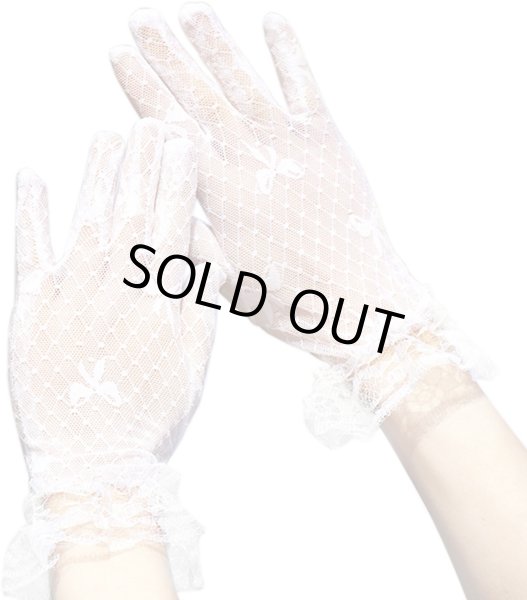 画像1: きらきらぷんぷん丸 レース手袋 リボン ホワイト 白 ドット柄 レディース グローブ 上品 フォーマル フリル パーティー ウエディング COS-026 (1)