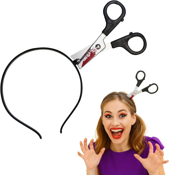 画像1: ハロウィン カチューシャ ハサミ ホラー コスプレ 仮装 頭に刺さった風 おもしろ 小物 小道具 恐怖 刃物 ヘアバンド 男女兼用 きらきらぷんぷん丸 COS-036 (1)