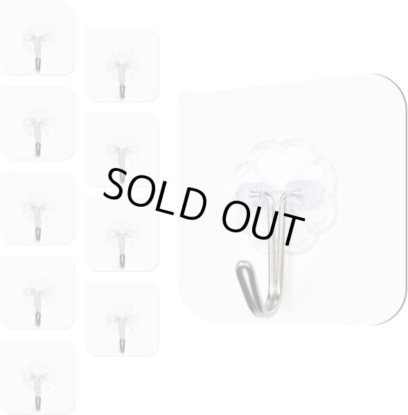 画像1: 粘着 壁掛け フック【10個入り】再利用可能 賃貸 剥がせる 跡が残らない 壁 穴をあけない 180度回転可能 透明 クリア シール 吊り下げ 収納 キッチン トイレ お風呂 防水 防湿 きらきらぷんぷん丸 HOOK-001 (1)