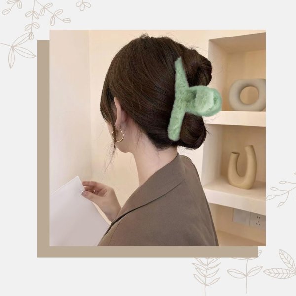 画像5: ヘアクリップ 大きめ もこもこ ふわふわ 2個セット 【グリーン】 緑 シンプル しっかりとまる おしゃれ 髪留め バンスクリップ オフィス 通勤 きらきらぷんぷん丸 HPNN-032 (5)