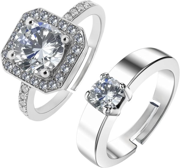 画像1: ペアリング 指輪 カップル ジルコニア サイズ調整可能 エンゲージ サプライズ【2個セット】プロポーズ演出 ジュエリーボックス付 きらきらぷんぷん丸 JWLY-011 (1)