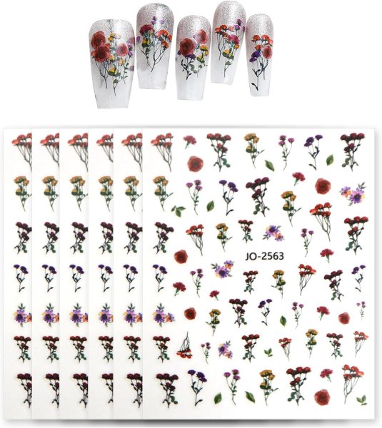 画像1: ネイルシール 花 フラワー 植物 【6シート入り】 レッド系 赤 薔薇 春 夏 秋 冬 花びら 花柄 ボタニカル ジェルネイル きらきらぷんぷん丸 NAS-111 (1)