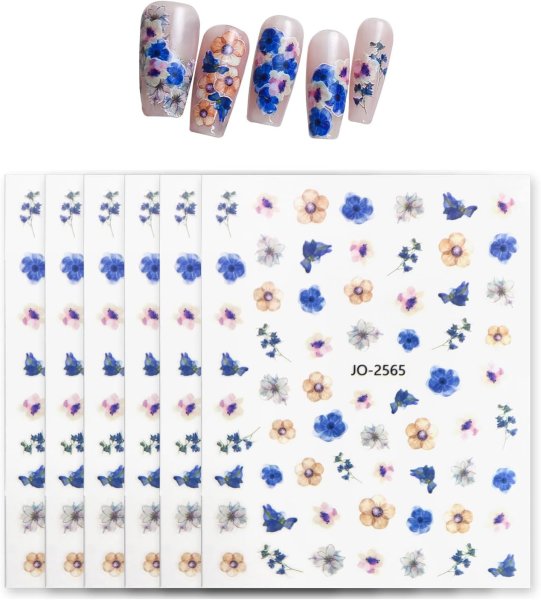 画像1: ネイルシール 花 フラワー 植物 【6シート入り】 ブルー・オレンジ系 青 春 夏 秋 冬 花びら 花柄 ボタニカル ジェルネイル きらきらぷんぷん丸 NAS-113 (1)