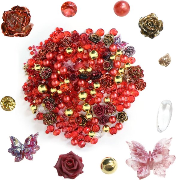 画像1: ネイルパーツ デコレーション【レッドセット】ミックスセット 立体 3D ジュエリー 手芸 パール ラインストーン 薔薇 ランダム きらきらぷんぷん丸 NP-051 (1)