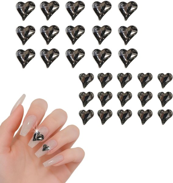 画像1: ネイルパーツ ハート 【ブラック】 大・小サイズ 30個入り 斜め 透明 立体 パーツ 3D ネイルアート デコパーツ ラインストーン きらきらぷんぷん丸 NP-060 (1)