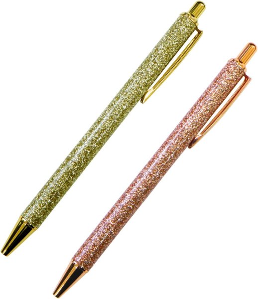 画像1: 油性ボールペン 黒インク 1mm 2本 【Aセット】 ノック式 太字 ラメ加工 キラキラ ゴールド ピンクゴールド 金 おしゃれ プレゼント ギフト きらきらぷんぷん丸 PCA-008 (1)
