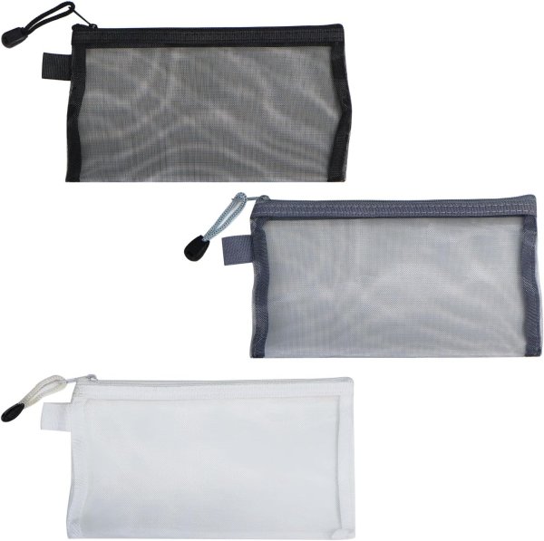 画像1: メッシュポーチ 3色セット【3枚入り】ブラック ホワイト グレー 黒 白 化粧品 メイク 小物入れ ペンケース 旅行 出張 吊り下げ きらきらぷんぷん丸 PCA-011 (1)