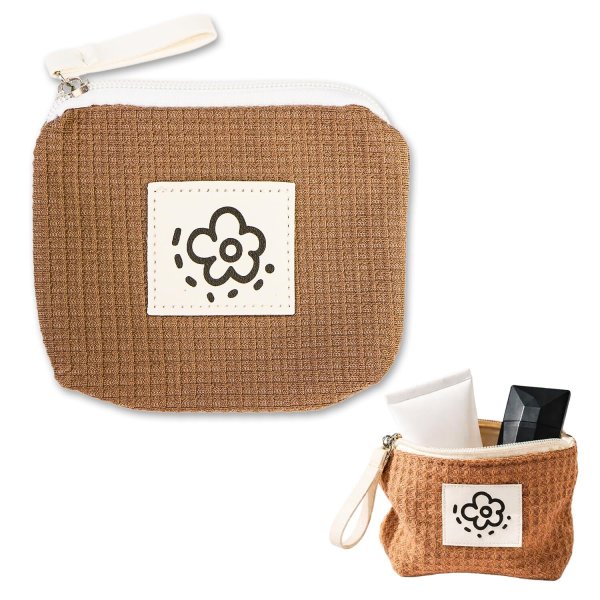 画像1: ポーチ 花柄 ワッフル【ブラウン】茶 ファスナー付 コスメ 化粧品 洗面用具 旅行 出張 小物 収納 持ち運び きらきらぷんぷん丸 PCH-012 (1)