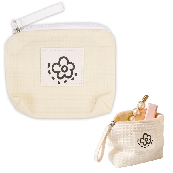 画像1: ポーチ 花柄 ワッフル【ベージュ】ファスナー付 コスメ 化粧品 洗面用具 旅行 出張 小物 収納 持ち運び きらきらぷんぷん丸 PCH-013 (1)