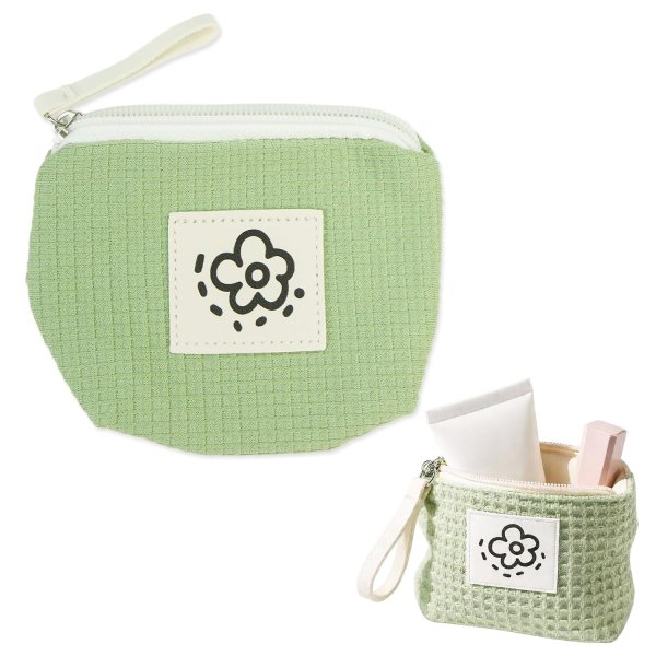 画像1: ポーチ 花柄 ワッフル【グリーン】緑 ファスナー付 コスメ 化粧品 洗面用具 旅行 出張 小物 収納 持ち運び きらきらぷんぷん丸 PCH-014 (1)