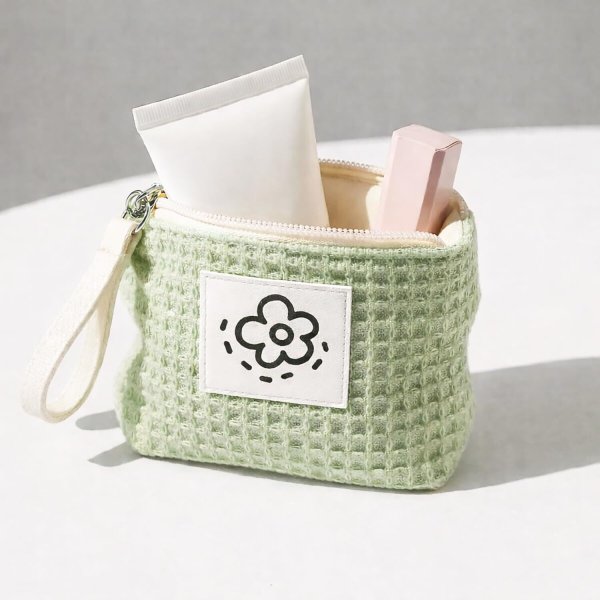画像3: ポーチ 花柄 ワッフル【グリーン】緑 ファスナー付 コスメ 化粧品 洗面用具 旅行 出張 小物 収納 持ち運び きらきらぷんぷん丸 PCH-014 (3)