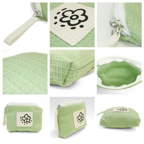 画像5: ポーチ 花柄 ワッフル【グリーン】緑 ファスナー付 コスメ 化粧品 洗面用具 旅行 出張 小物 収納 持ち運び きらきらぷんぷん丸 PCH-014 (5)