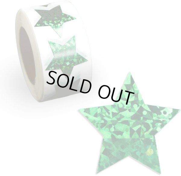 画像1: ホログラムロールシール 緑 グリーン 星型シール 星ステッカー キラキラ ギフトシール ラッピング デコレーション 〔約500s〕入 シールサイズ25×25mm 大容量 きらきらぷんぷん丸 RLS-011 (1)