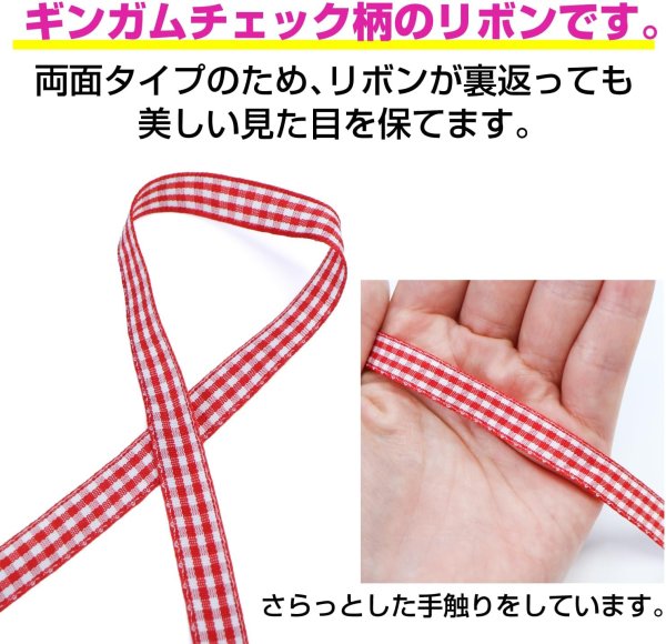 画像3: チェックリボン 【レッド】 赤 両面 幅1cmx5m ギンガムチェック 格子柄 テープ ギフト ラッピング 手芸 包装 ポリエステル きらきらぷんぷん丸 SRBN-034 (3)
