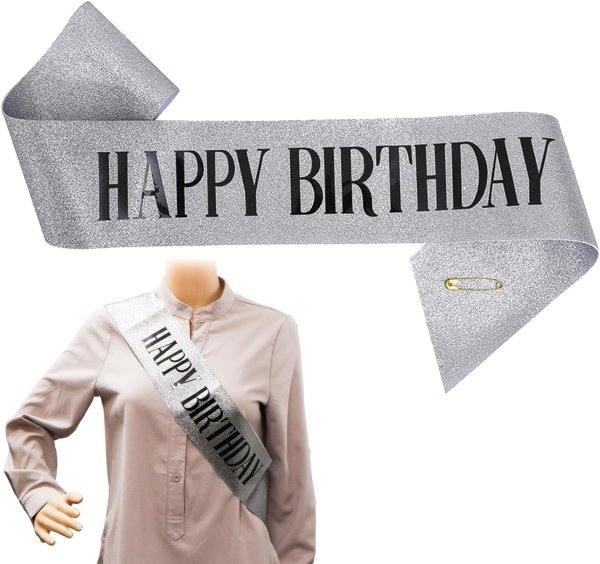 画像1: 誕生日 たすき ラメ 【シルバー】 銀 バースデー パーティーグッズ 飾り HAPPY BIRTHDAY 襷 きらきらぷんぷん丸 ZK-007 (1)