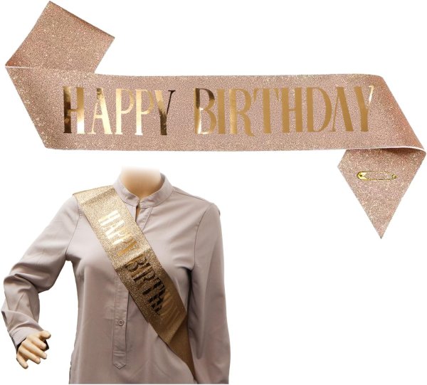 画像1: 誕生日 たすき ラメ 【ピンクゴールド】 金 バースデー パーティーグッズ 飾り HAPPY BIRTHDAY 襷 きらきらぷんぷん丸 ZK-008 (1)